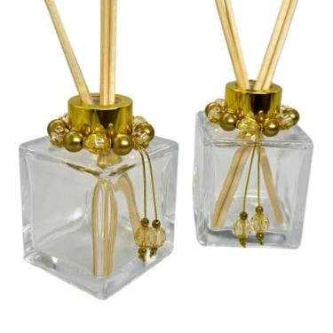 Imagem de Kit 10 Frascos de Vidro Cubo 100ml para Difusor de Ambiente com Tampas Luxo e Pingentes Decorativos(DOURADO)