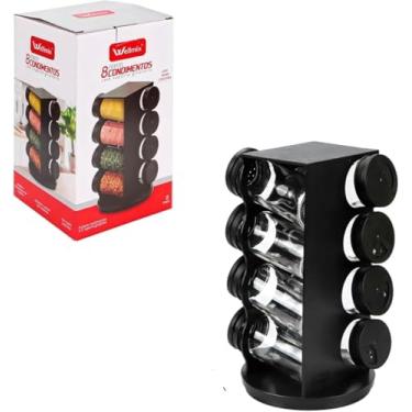 Imagem de Porta Condimentos Giratório com 8 Potes, Plástico Preto, 80ml, Base Giratória 22,5cm, Organizador de Temperos