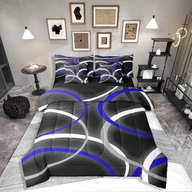 Imagem de Erosebridal Conjunto de edredom geométrico com círculo, preto, branco, azul, tamanho queen, 7 peças, redemoinhos abstratos, listras, arte moderna, para adultos e meninos