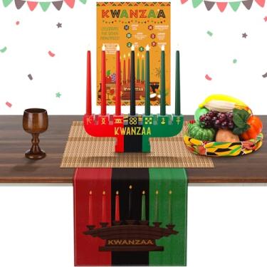 Imagem de Thyle Conjunto de 22 peças Kwanzaa Kinara com 7 velas de LED, pôster de bambu, suporte de vela, cálice de vinho, pano kente, cesta artificial de frutas e legumes, corredor de mesa, decoração