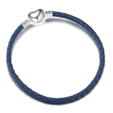 Imagem de NanMuc Pulseira de couro azul de 3 mm com fecho de pressão em barril de coração, feita à mão, feita à mão, com berloque europeu de Pandora, joia faça você mesmo, 16-21 cm, Small, Couro, Sem Pedra