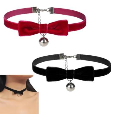 Imagem de MinoCino Colar gargantilha para mulheres e meninas, 2 peças de gravata borboleta de veludo preto e vermelho com sino, colar gótico ajustável para cosplay Lolita