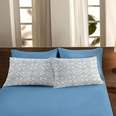 Imagem de Jogo de Lençol Cama Casal Malha Comfort 100% algodão 3 Peças Estampadas (Geométrico Azul)