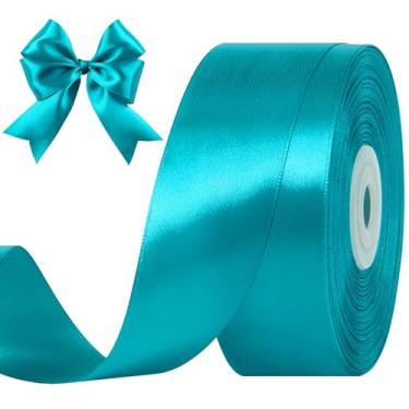 Imagem de CLUEWR Fita de cetim azul pavão de 3,5 cm, 50 metros, rolo de fita de tecido sólido para buquês de flores, embrulho de presente, casamento, artesanato feito à mão