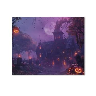 Imagem de HouLaiZhe Pôster de Halloween Castelo de Abóbora Lua Roxa Impressão de Arte de Parede Decorações de Halloween Decoração de Parede Estética Gótica para Sala de Estar Quarto 16 x 20 polegadas (40 x 50