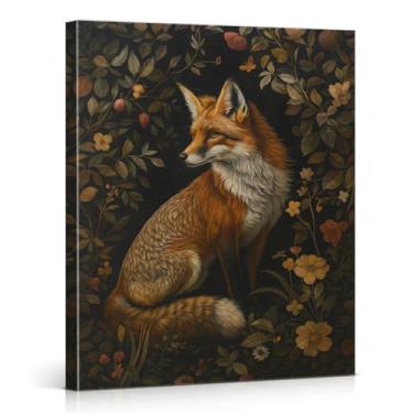 Imagem de Impressão de arte de parede de raposa botânica vintage Dark Academia Moody Fox Imagem floral animal decoração de parede para casa sala de estar quarto 20 x 25 tela emoldurada