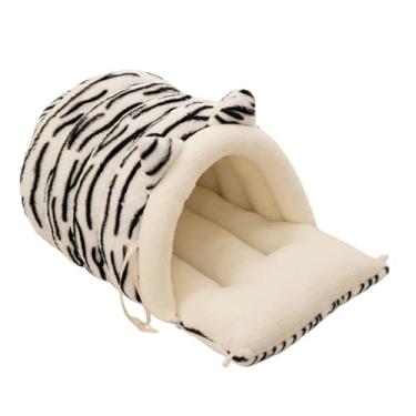 Imagem de Baoblaze Cama tipo pantufa para gato, casinha/confortável e macio com capuz, estilo saco de dormir, ideal para sofá, chão e ambientes internos, perfeito, Listras de Vaca