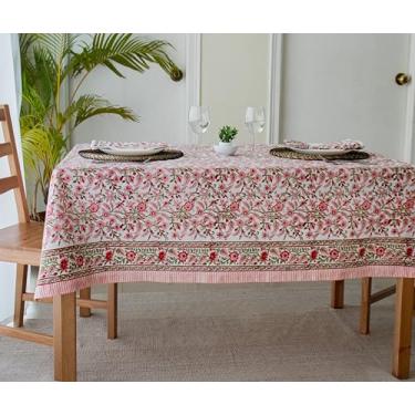 Imagem de VISTALOOM Toalha de mesa com estampa em bloco: 152 x 272 cm, retangular, 100% algodão, pré-encolhida, lavável para primavera, cozinha e jantar, perfeita para pátio, interior e exterior, casa de