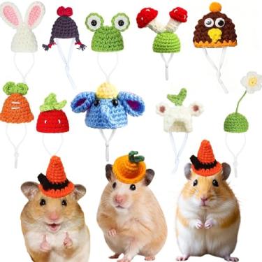 Imagem de JINGYAN 12 chapéus pequenos e fofos feitos à mão de malha para hamster com roupas de animais pequenos ajustáveis, macios e elásticos