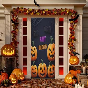 Imagem de Wassud Decoração de cobertura de porta de abóboras de Halloween divertida, faixa interna para área externa, decoração de casa de varanda, grande decoração de porta da frente, 89 x 199 cm