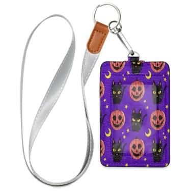Imagem de Wassud Porta-crachá de couro PU Halloween Black Cats com cordão, porta-cartão de identificação para trabalho, cordão de pescoço com compartimentos para cartões de crédito, funcionários, estudantes, 40
