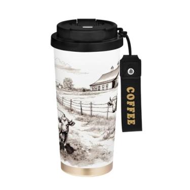 Imagem de YETTASBIN Caneca de café vintage de vaca com isolamento térmico de 482 g com tampa canudo, copo à prova de derramamento e vazamento com alça para bebida quente e fria, garrafa de água de aço