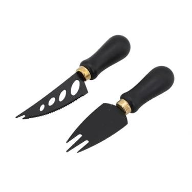 Imagem de Conjunto para Queijo e Frios Preto em Inox 2 Peças Faca e Espátula Premium Kit Gourmet Profissional para Tábua e Mesa Posta