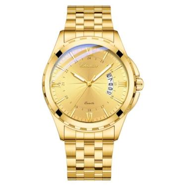 Imagem de OIDEA Relógios masculinos dourados: relógio de pulso analógico de quartzo clássico de luxo para homens com pulseira de aço inoxidável luminoso à prova d'água para presentes, Mostrador dourado