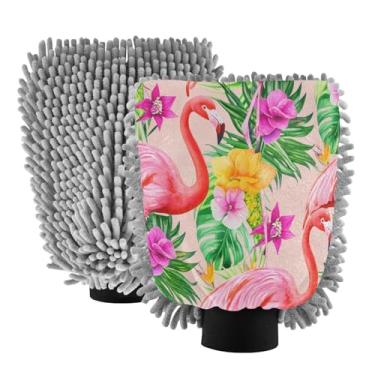 Imagem de STAYTOP Luvas de lavagem de carro flamingos e folhas de palmeira, 2 peças, luvas de microfibra de chenille, sem arranhões, panos de esponja de lavagem ultra absorventes para carros, limpeza doméstica