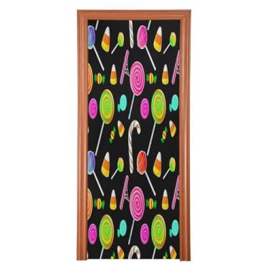 Imagem de Qilmy Decoração de capa de porta 91 x 248 cm tecido grande placa de decoração de festa de Halloween para porta da frente Halloween colorido engraçado varanda de doces decoração ao ar livre parede de