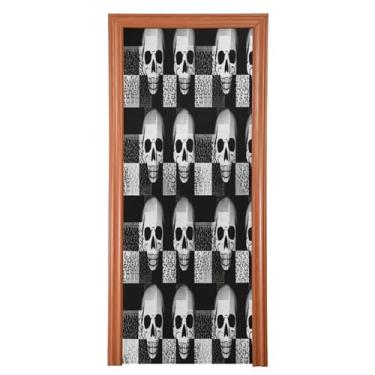 Imagem de Qilmy Decoração de capa de porta 81 x 200 cm tecido grande placa de decoração de festa de Halloween para porta da frente Halloween crânio varanda decoração externa janela parede 740