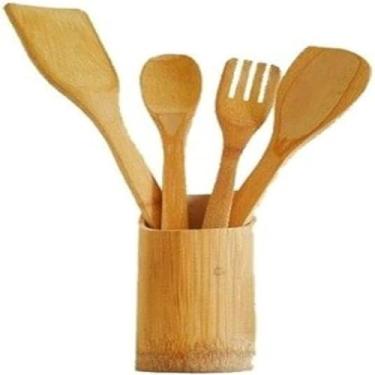 Imagem de Kit 5 Peças Utensílios de Cozinha, Bambu, com Cepo Organizador, Colher, Espátula, Garfo, 275g
