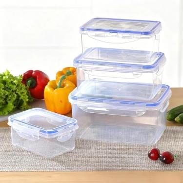 Imagem de 4 recipientes de armazenamento de alimentos transparentes para organização de cozinha com tampas, caixas empilháveis de armazenamento de despensa para grãos, cereais, alimentos secos e preparação de