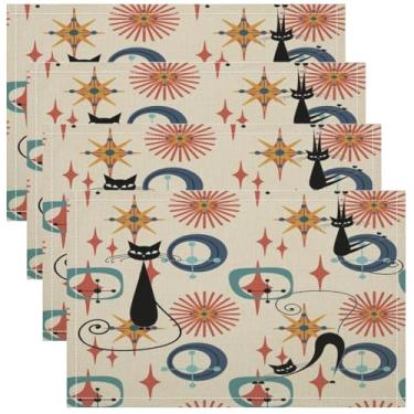 Imagem de Conjunto de 4 jogos americanos de meados do século, 43 x 30 cm preto gato atômico starbursts anos 1950 1960 vintage abstrato geométrico colorido arte impressa tapetes de mesa para casa, festa, cozinha