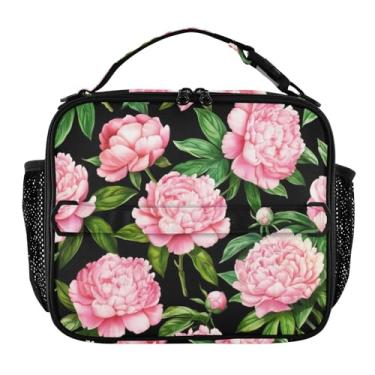 Imagem de Lancheira floral personalizada com flores ornamentadas rosa peônia para mulheres meninas lancheira ajustável alça de ombro masculina crianças lancheira para trabalho com estampa animal bolsa isolada