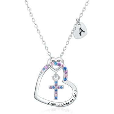 Imagem de Colar de cruz para meninas | Presentes de batismo de primeira comunhão para meninas | Colar com inicial de coração | Colar com inicial de letra | Pingente banhado a ouro branco 18K, presente de