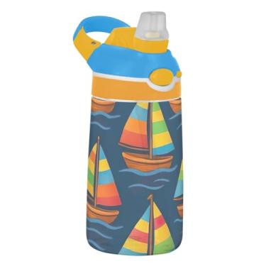 Imagem de Garrafa de água de 473 ml com canudo para crianças, meninas, meninos, 473 ml, garrafa de água esportiva portátil Tritan reutilizável à prova de vazamento, alça de transporte, lindos veleiros azul