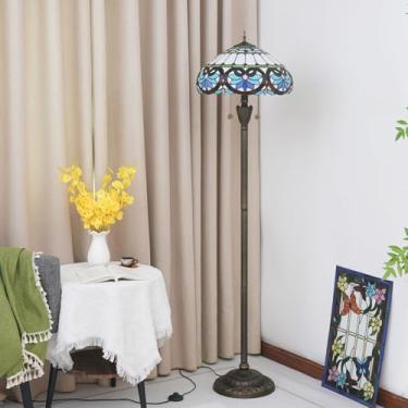 Imagem de Luminária de chão Tiffany, com cúpula de vitral, estilo vintage, dupla, para sala de estar, quarto e escritório, iluminação brilhante, decoração rústica de canto, bronze, estilo barroco azul