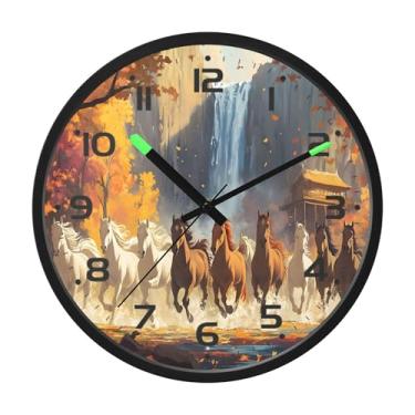 Imagem de SEHANY Relógio de parede artístico majestoso cavalos silencioso, sem tique-taque, relógio redondo operado por bateria, controle de som, luz noturna, relógios de parede para sala de estar, cozinha