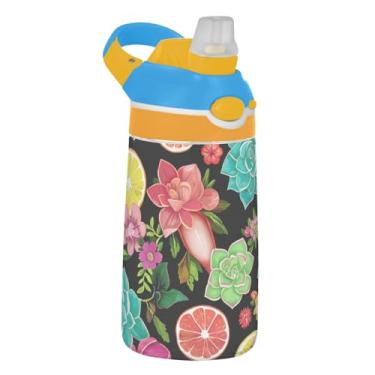 Imagem de Garrafa de água infantil preta com flores coloridas vibrantes 473 ml Tritan reutilizável esportiva com tampa de canudo 473 ml copos de viagem infantis portáteis à prova de vazamento, alça de