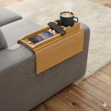 Imagem de Mesa de apoio de braço para sofá de bambu com 2 porta-copos de cortiça, bandeja de braço de sofá com suporte removível para copos, 2 em 1, dobrável, antiderrapante, para sofá, poltrona, suporte para