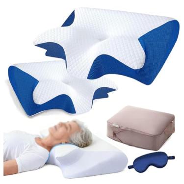 Imagem de SPXMQSS Travesseiro ortopédico, ergonômico, para dor no pescoço e no ombro, almofadas laterais para dormir, almofada cervical, espuma viscoelástica para dor no pescoço, azul, 2 peças