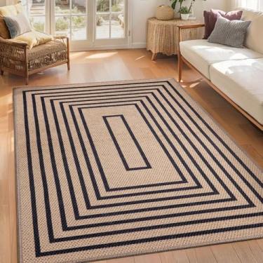 Imagem de Tangsoo Easy Jute Tapete lavável 10 x 15 cm para pátio interno e externo, tapete geométrico preto antiderrapante para ambientes internos e externos, tapete boho para varanda da frente, quarto, sala de