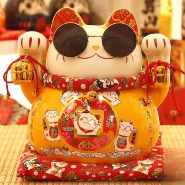 Imagem de FENNYYAR Sino de mão de cerâmica usando óculos de sol laranja amarelo Maneki Neko Mascote, 29 cm 28,7 cm, estátua de decoração de casa