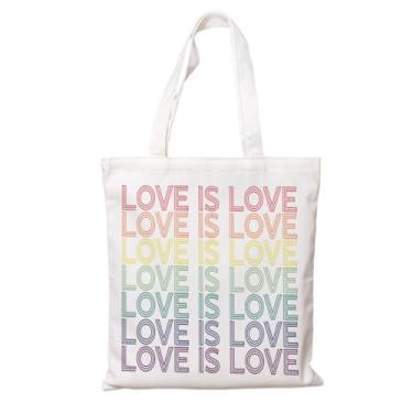 Imagem de Sacola de lona – Bolsa de compras reutilizável, tema de dia dos namorados tipografia arco-íris Love Is Love, livro de lona branca e bolsa de praia, presente bonito e estético para mulheres