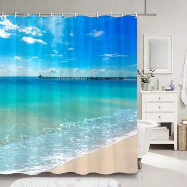 Imagem de Cortina de chuveiro cênica à beira-mar oceano azul popular tropical ao ar livre tecido poliéster cortinas de banho decoração de banheiro ganchos 100 x 220 cm/LxA cortina de banheira impermeável