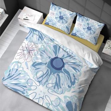 Imagem de Jogo de cama floral com linha azul 3D, conjunto de edredons tamanho king macio para todas as estações, capa de edredom queen para meninas tamanho casal 200 x 200 cm -50 x 75 cm * 2