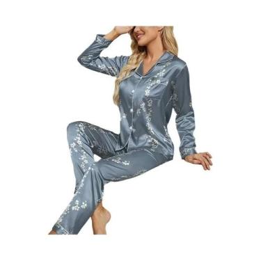 Imagem de Conjunto De Pijamas Femininos De Manga Longa Com Camisa De Botão E Cal