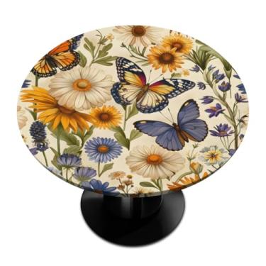 Imagem de Pardick Toalha de mesa redonda borboleta margarida com borda elástica, toalha de mesa à prova d'água e limpa para piquenique, pátio, serve para mesas de até 114 a 142 cm de diâmetro