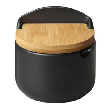 Imagem de Saleiro De Porcelana Com Colher Tampa Bambu 290ml Manhattan Porta Sal para Cozinha e Mesa de Jantar Brasileira(Preto)