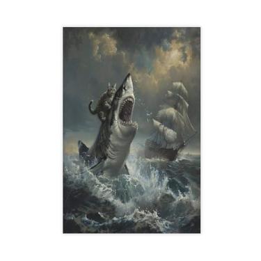 Imagem de Gato montando tubarão banheiro, engraçado peculiar gato e tubarão, pôster em tela, pôsteres abstratos, decoração de parede para quarto, sala de estar, banheiro, 30,5 x 45,7 cm, sem moldura