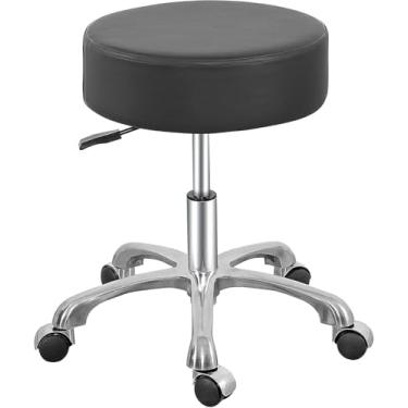 Imagem de DENGTELI Banco de rodinhas com rodas, cadeira giratória de altura ajustável, assento acolchoado preto, base cromada com rodízios (BLK)