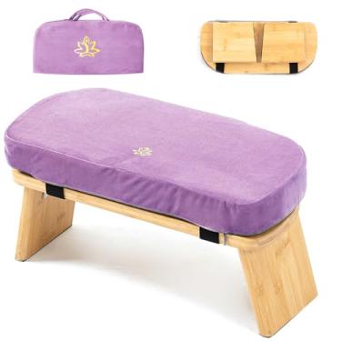 Imagem de Estleys Banco de meditação, banco de meditação de bambu, banco dobrável de meditação de joelhos, banco de oração Seiza, banco de oração com almofada de meditação, banco de ajoelhado (bolsa roxa)