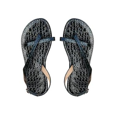 Imagem de GORGLITTER Sandálias rasteiras femininas elegantes com tiras abertas e tira no tornozelo, sandália de couro moderna, Preto, 38