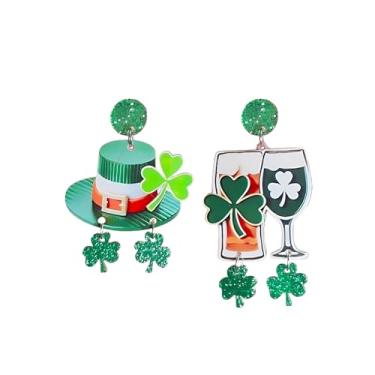 Imagem de Brincos femininos de Dia de São Patrício com pingente de flor da sorte verde chapéu de sapo acrílico taça de vinho brincos irlandeses para presente de dia de São Patrício, Large, Acrílico, Sem pedra