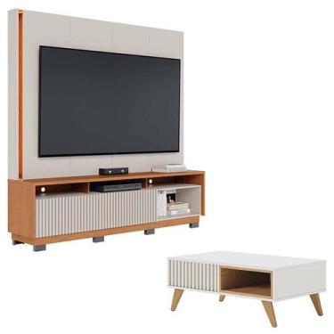 Imagem de Estante Home Theater Jordão Com Pés Off White Freijó e Mesa de Centro 