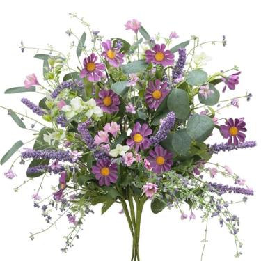 Imagem de Zythrem 4 pacotes de buquê de flores artificiais de seda, margaridas de seda, buquê de flores falsas de lavanda, arranjos florais de primavera, buquê de flores silvestres falsas para casa, escritório,