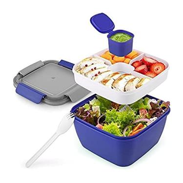 Imagem de 52oz Bento Lunch Box Container de Salada com Prato Compartimento Removível Molho Separado Trava Garfo-Colher Reutilizável À Prova Vazamentos Sem BPA A
