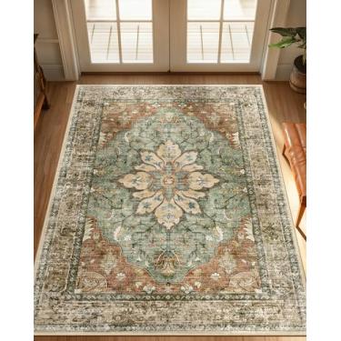 Imagem de RELEANY Tapetes de área 9,5 x 10 cm lavável, antiderrapante, floral, vintage, estampa de angústia, tapete medalhão para sala de estar, quarto, sala de jantar, vermelho tijolo, ferrugem, neutro, marrom