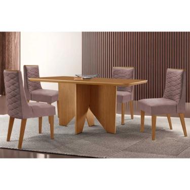 Imagem de Sala Jantar Mesa Nevada Tampo Curvo 120cm+4 Cadeiras Dafne Madeira Naturale - Capuccino/Linho Capuccino - Rufato